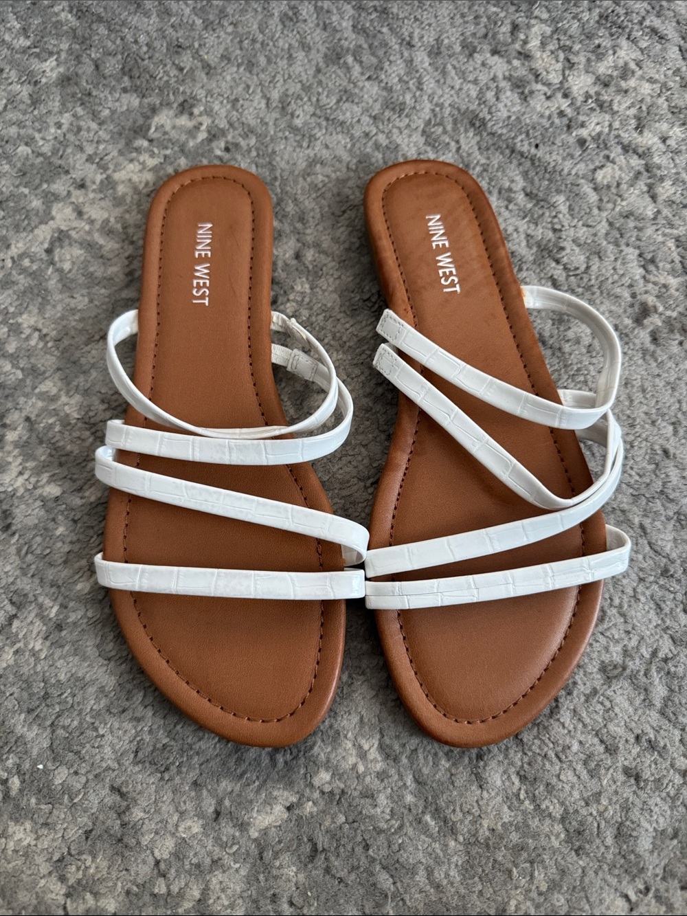 Nine West White Multi-Strap Slide Sandals with Brown Footbed